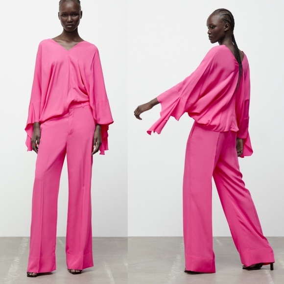 ZARA 2pc Flowy Pants + Fluid Tied Blouse Coord Set BNWT - Picture 6 of 6